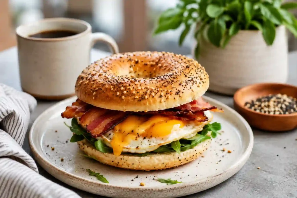 A close-up shot of a gourmet breakfast sandwich on a toasted everything bagel, served on a speckled white plate. The sandwich is layered with fresh green arugula, a fried egg with a melting yellow yolk, several slices of crispy streaky bacon, and melted cheddar cheese. In the background, a white mug of black coffee and a small wooden bowl of extra bagel seasoning are visible on a gray stone surface.