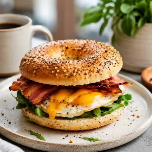 A close-up shot of a gourmet breakfast sandwich on a toasted everything bagel, served on a speckled white plate. The sandwich is layered with fresh green arugula, a fried egg with a melting yellow yolk, several slices of crispy streaky bacon, and melted cheddar cheese. In the background, a white mug of black coffee and a small wooden bowl of extra bagel seasoning are visible on a gray stone surface.