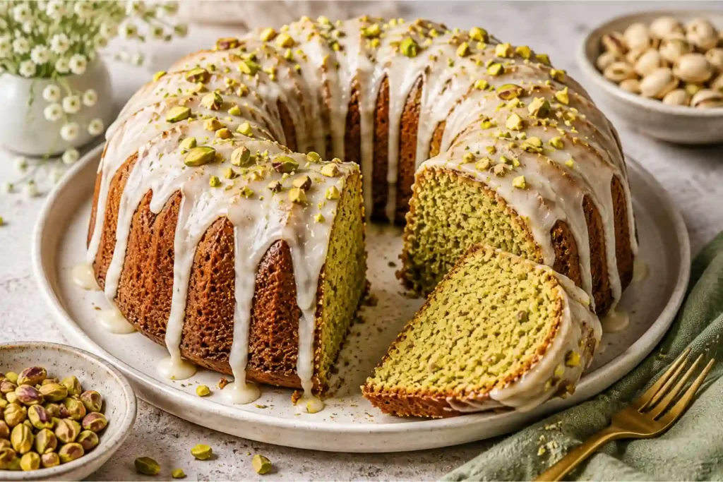 A beautifully baked, golden-brown pistachio bundt cake sits on a speckled ceramic serving plate. The cake has a thick, glossy white glaze dripping down its fluted ridges and is generously topped with chopped green pistachios. One slice has been cut out and laid slightly forward, showcasing its soft, pale green interior crumb. A small bowl of shelled pistachios, a gold fork resting on a green linen napkin, and delicate white flowers are visible in the background.
