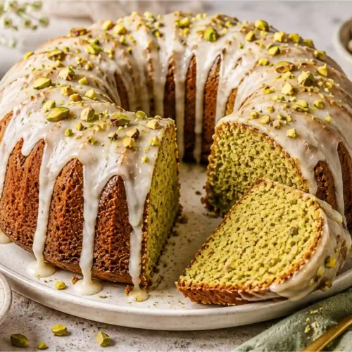 A beautifully baked, golden-brown pistachio bundt cake sits on a speckled ceramic serving plate. The cake has a thick, glossy white glaze dripping down its fluted ridges and is generously topped with chopped green pistachios. One slice has been cut out and laid slightly forward, showcasing its soft, pale green interior crumb. A small bowl of shelled pistachios, a gold fork resting on a green linen napkin, and delicate white flowers are visible in the background.