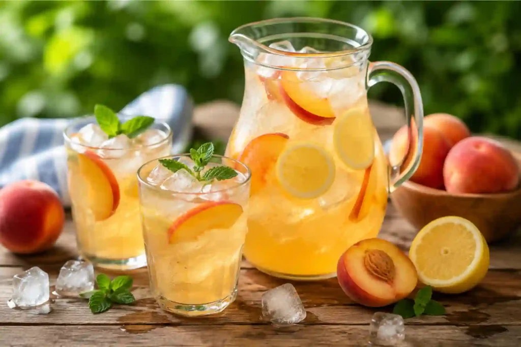 A large clear glass pitcher and two matching glasses filled with amber-colored peach lemonade and ice cubes, set on a rustic wooden table. The pitcher and glasses are garnished with fresh yellow lemon wheels, juicy peach slices, and vibrant green mint sprigs. Around the drinks, scattered ice cubes, fresh whole peaches, a cut peach half showing the pit, a halved lemon, and a wooden bowl filled with fresh peaches sit against a soft, blurred green foliage background.