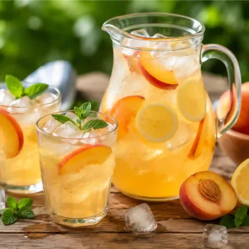 A large clear glass pitcher and two matching glasses filled with amber-colored peach lemonade and ice cubes, set on a rustic wooden table. The pitcher and glasses are garnished with fresh yellow lemon wheels, juicy peach slices, and vibrant green mint sprigs. Around the drinks, scattered ice cubes, fresh whole peaches, a cut peach half showing the pit, a halved lemon, and a wooden bowl filled with fresh peaches sit against a soft, blurred green foliage background.