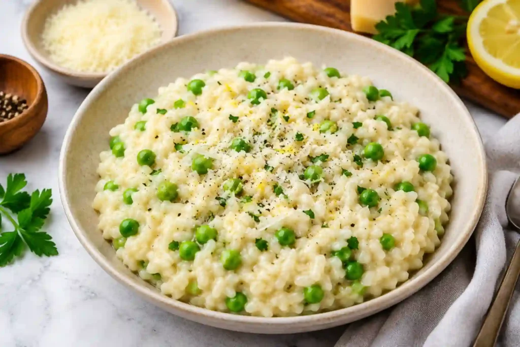 A close-up shot of a creamy white risotto studded with bright green peas, served in a shallow beige ceramic bowl on a marble surface. The dish is finished with freshly grated parmesan cheese, cracked black pepper, and fine lemon zest. In the background, a small bowl of grated parmesan, a wooden bowl of black peppercorns, fresh parsley sprigs, a block of cheese, and a lemon half are neatly arranged on a wooden board.
