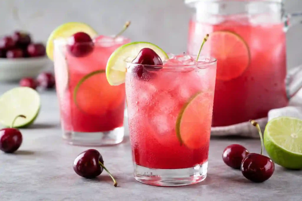 Two tall, condensation-covered glasses and a large glass pitcher in the background are filled with a vibrant pink-red cherry limeade over plenty of crushed ice. Each glass is elegantly garnished with a round lime wheel tucked inside, a fresh lime wedge on the rim, and a whole dark red sweet cherry with its stem. Scattered around the glasses on a grey concrete-textured surface are several whole fresh cherries with stems, a halved lime, and a small bowl of cherries blurred out in the background.