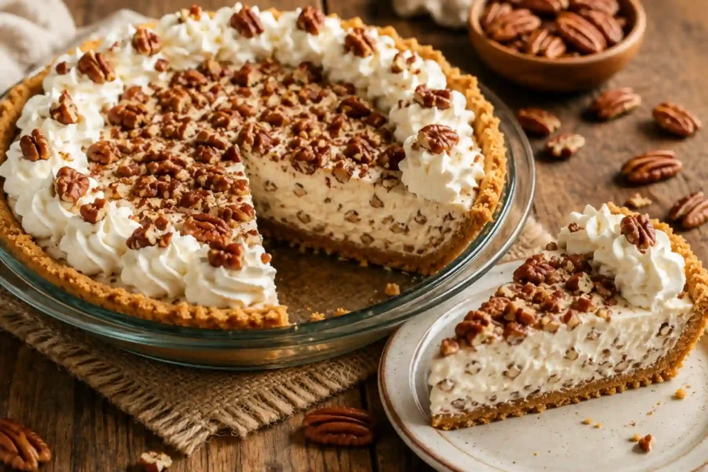 A whole pecan cream pie in a clear glass pie dish with a single slice removed and served on an off-white speckled plate. The pie features a golden graham cracker crumb crust and a thick, fluffy white cream filling loaded with chopped pecans. The top is generously sprinkled with more chopped pecans and finished with a piped whipped cream border, garnished with whole pecan halves. The dessert is set on a rustic wooden table over a burlap mat, surrounded by scattered loose pecans and a small wooden bowl filled with nuts.