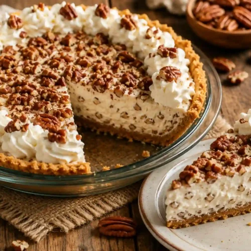 A whole pecan cream pie in a clear glass pie dish with a single slice removed and served on an off-white speckled plate. The pie features a golden graham cracker crumb crust and a thick, fluffy white cream filling loaded with chopped pecans. The top is generously sprinkled with more chopped pecans and finished with a piped whipped cream border, garnished with whole pecan halves. The dessert is set on a rustic wooden table over a burlap mat, surrounded by scattered loose pecans and a small wooden bowl filled with nuts.