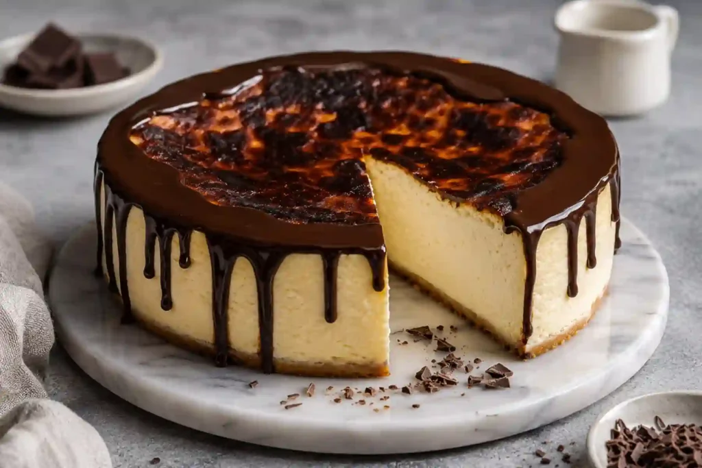 A whole, tall San Sebastian style cheesecake with a single slice removed, resting on a round white marble serving board over a gray concrete-textured table. The cheesecake features a thin crumb base, an incredibly smooth and thick pale-cream filling, and a deeply caramelized, scorched dark golden-brown top. A rich, glossy dark chocolate ganache is poured around the top edge, creating clean drips down the sides. Small bowls of dark chocolate chunks and fine chocolate shavings are placed in the background alongside a small white ceramic pitcher.
