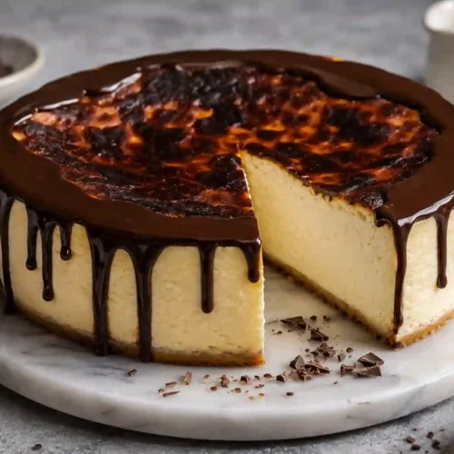 A whole, tall San Sebastian style cheesecake with a single slice removed, resting on a round white marble serving board over a gray concrete-textured table. The cheesecake features a thin crumb base, an incredibly smooth and thick pale-cream filling, and a deeply caramelized, scorched dark golden-brown top. A rich, glossy dark chocolate ganache is poured around the top edge, creating clean drips down the sides. Small bowls of dark chocolate chunks and fine chocolate shavings are placed in the background alongside a small white ceramic pitcher.