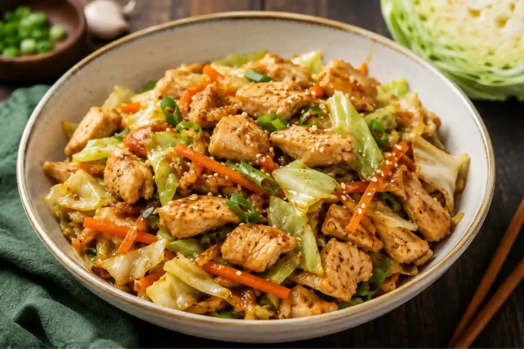 A large, white ceramic bowl filled to the brim with a colorful chicken and cabbage stir fry, set on a dark wooden surface next to a green fabric napkin. The dish features tender, golden-brown seared chicken breast cubes tossed with vibrant green cabbage pieces and bright orange julienned carrots. The stir fry is glossy with a savory sauce and beautifully garnished with sliced green onions and a sprinkle of white sesame seeds. In the blurred background, a small bowl of chopped green onions, a garlic clove, and a fresh head of cabbage are visible.
