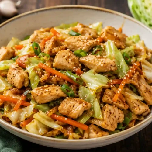 A large, white ceramic bowl filled to the brim with a colorful chicken and cabbage stir fry, set on a dark wooden surface next to a green fabric napkin. The dish features tender, golden-brown seared chicken breast cubes tossed with vibrant green cabbage pieces and bright orange julienned carrots. The stir fry is glossy with a savory sauce and beautifully garnished with sliced green onions and a sprinkle of white sesame seeds. In the blurred background, a small bowl of chopped green onions, a garlic clove, and a fresh head of cabbage are visible.