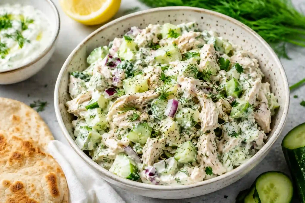 A large ceramic bowl filled with creamy Tzatziki chicken salad, featuring shredded chicken breast, diced English cucumbers, and finely chopped red onion tossed in a thick, herb-flecked Greek yogurt dressing. The salad is garnished with cracked black pepper, fresh dill sprigs, and flat-leaf parsley. In the background, warm flatbread or pita sits on a white cloth alongside a small bowl of extra tzatziki sauce, a cut lemon half, a bunch of fresh dill, and sliced cucumbers on a light gray countertop.