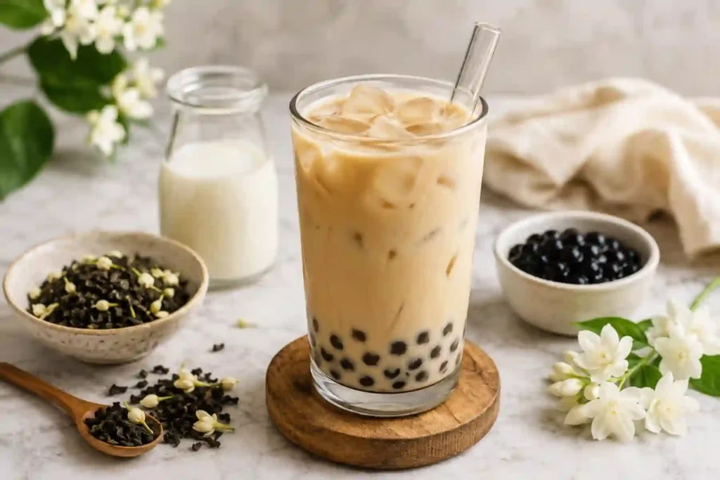 A tall, clear glass filled with iced vanilla jasmine milk tea and black boba tapioca pearls sits on a round wooden coaster. The light beige milk tea is packed with ice cubes and has a clear glass straw resting inside. The background, set on a white marble surface, features a small glass milk jug filled with milk, a ceramic bowl of loose jasmine tea leaves mixed with dried white jasmine buds, a small wooden spoon holding tea leaves, a small bowl of cooked black boba pearls, a beige linen cloth, and fresh white jasmine flowers with green leaves.