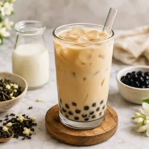A tall, clear glass filled with iced vanilla jasmine milk tea and black boba tapioca pearls sits on a round wooden coaster. The light beige milk tea is packed with ice cubes and has a clear glass straw resting inside. The background, set on a white marble surface, features a small glass milk jug filled with milk, a ceramic bowl of loose jasmine tea leaves mixed with dried white jasmine buds, a small wooden spoon holding tea leaves, a small bowl of cooked black boba pearls, a beige linen cloth, and fresh white jasmine flowers with green leaves.
