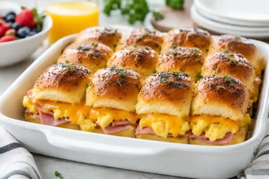 A white ceramic baking dish filled with 12 baked breakfast sliders made with golden-brown Hawaiian rolls sprinkled with poppy seeds and chopped fresh herbs. Layers of sliced ham, fluffy scrambled eggs, and melted cheddar cheese spill out from the sides. In the soft-focus background, a bowl of fresh berries, a glass of orange juice, and stacked white plates rest on a light marble countertop next to a striped kitchen towel.