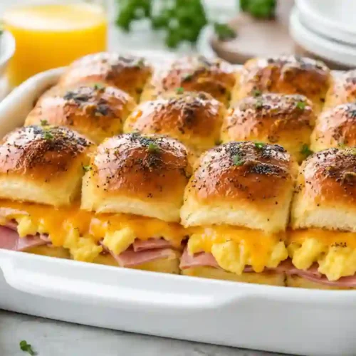 A white ceramic baking dish filled with 12 baked breakfast sliders made with golden-brown Hawaiian rolls sprinkled with poppy seeds and chopped fresh herbs. Layers of sliced ham, fluffy scrambled eggs, and melted cheddar cheese spill out from the sides. In the soft-focus background, a bowl of fresh berries, a glass of orange juice, and stacked white plates rest on a light marble countertop next to a striped kitchen towel.