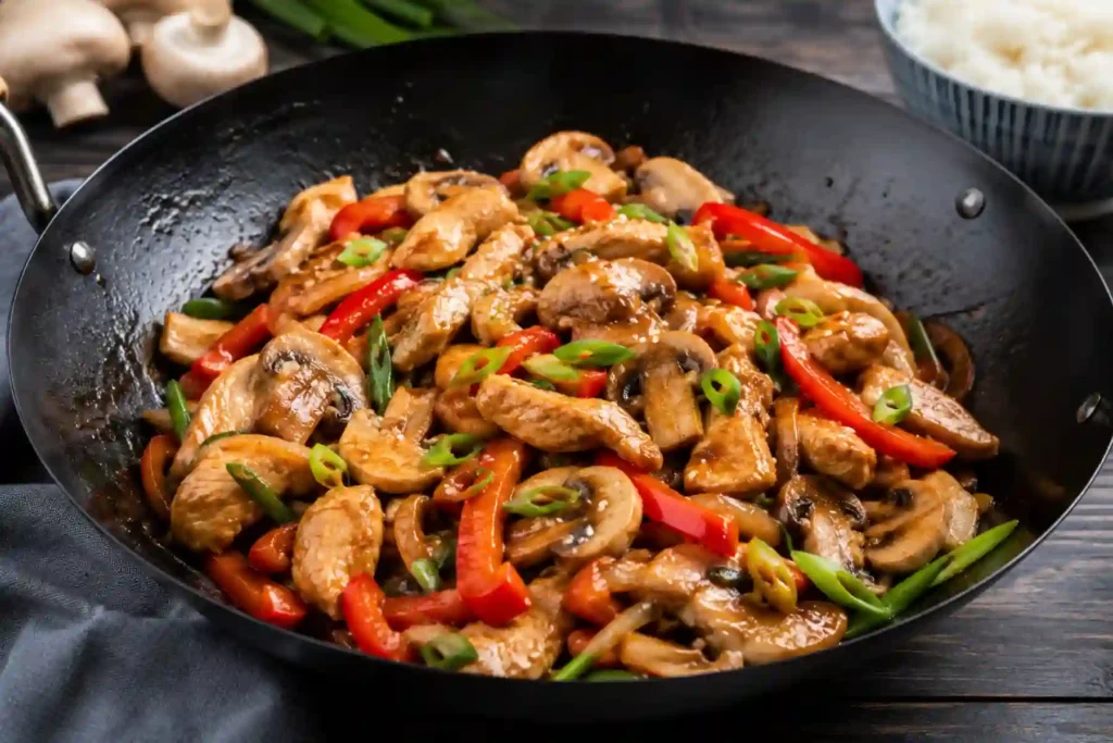 A close-up, high-angle shot of a classic black carbon steel wok filled with a glossy chicken and mushroom stir fry. The dish features tender, golden-brown strips of chicken breast, thick-sliced white button mushrooms, and vibrant red bell pepper strips, all coated in a rich, shimmering brown savory sauce. The stir fry is heavily garnished with freshly chopped green onions. In the background, a dark wooden surface hosts a blurred blue ceramic bowl filled with fluffy white rice, fresh whole mushrooms, and a bundle of green onions on top of a dark gray cloth napkin.