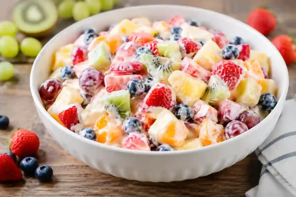 A large, white ribbed ceramic bowl overflowing with a colorful, creamy fruit salad on a rustic wooden tabletop. The salad features chopped strawberries, cubed pineapple, sliced kiwi, fresh blueberries, mandarin orange segments, and whole red grapes, all tossed in a thin, glossy, semi-translucent creamy dressing. Fresh strawberries, blueberries, green grapes, and a halved kiwi are scattered around the base of the bowl on the wooden surface, alongside a folded white kitchen towel with gray stripes.