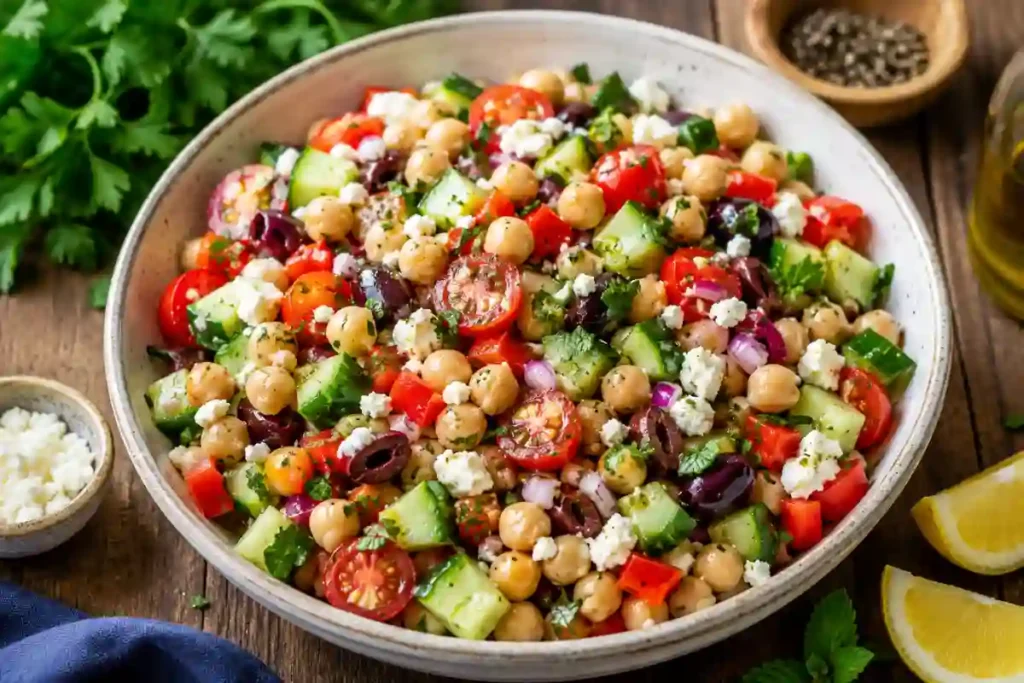 A large, beige ceramic bowl filled with a colorful Mediterranean chickpea salad resting on a dark wooden table. The salad consists of tender chickpeas, diced English cucumbers, halved cherry tomatoes, chopped red bell pepper, sliced Kalamata olives, finely diced red onion, and crumbled feta cheese, all tossed with fresh chopped parsley and a glossy lemon dressing. Fresh parsley leaves sit on the top left, a small bowl of crumbled feta rests on the left, a small wooden spice bowl is in the top right, and fresh lemon wedges sit on the bottom right.