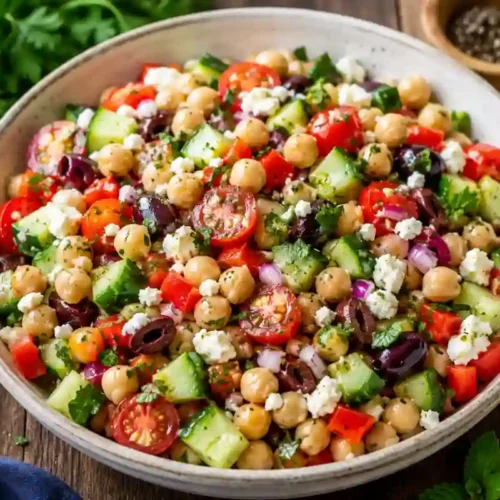 A large, beige ceramic bowl filled with a colorful Mediterranean chickpea salad resting on a dark wooden table. The salad consists of tender chickpeas, diced English cucumbers, halved cherry tomatoes, chopped red bell pepper, sliced Kalamata olives, finely diced red onion, and crumbled feta cheese, all tossed with fresh chopped parsley and a glossy lemon dressing. Fresh parsley leaves sit on the top left, a small bowl of crumbled feta rests on the left, a small wooden spice bowl is in the top right, and fresh lemon wedges sit on the bottom right.