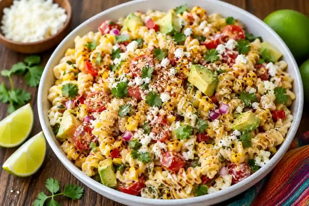 A large, off-white ceramic serving bowl filled with Mexican street corn pasta salad, set on a dark wood background. The salad features rotini pasta, charred sweet corn kernels, diced avocado, halved cherry tomatoes, finely diced red onion, and chopped fresh cilantro, all tossed in a light creamy chili-lime dressing. The top is garnished with crumbled cotija cheese, fresh cilantro leaves, and a sprinkle of chili powder or Tajín. A small wooden bowl of extra cotija sits on the top left, whole and sliced limes rest nearby, and a colorful woven napkin is tucked under the right side of the bowl.
