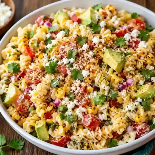 A large, off-white ceramic serving bowl filled with Mexican street corn pasta salad, set on a dark wood background. The salad features rotini pasta, charred sweet corn kernels, diced avocado, halved cherry tomatoes, finely diced red onion, and chopped fresh cilantro, all tossed in a light creamy chili-lime dressing. The top is garnished with crumbled cotija cheese, fresh cilantro leaves, and a sprinkle of chili powder or Tajín. A small wooden bowl of extra cotija sits on the top left, whole and sliced limes rest nearby, and a colorful woven napkin is tucked under the right side of the bowl.