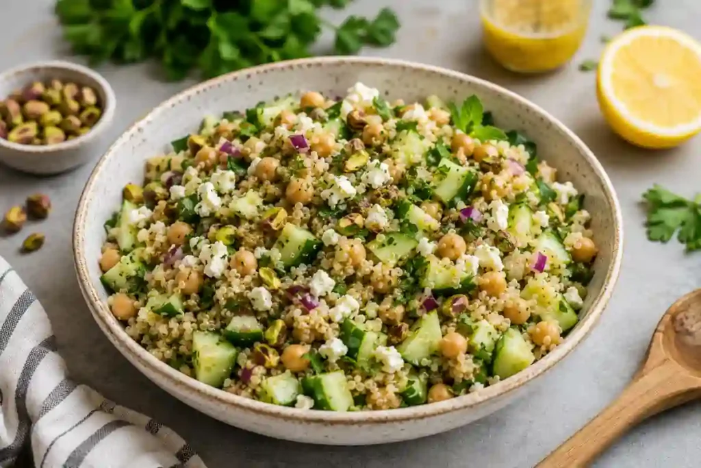 A large, beige speckled ceramic bowl overflowing with the viral Jennifer Aniston salad set on a light gray countertop. The salad consists of cooked quinoa, tender chickpeas, diced English cucumbers, finely chopped red onion, chopped fresh parsley and mint, crumbled feta cheese, and shelled, chopped pistachios. A small bowl of shelled pistachios rests on the top left, a fresh lemon half sits on the top right next to a small glass jar of lemon dressing, and a wooden salad spoon and striped kitchen towel line the foreground.