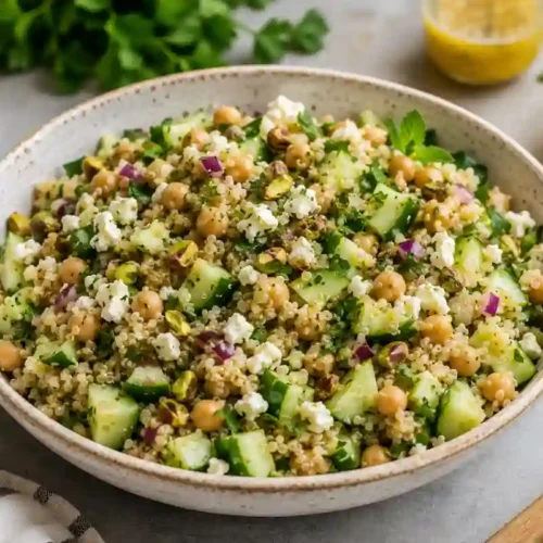 A large, beige speckled ceramic bowl overflowing with the viral Jennifer Aniston salad set on a light gray countertop. The salad consists of cooked quinoa, tender chickpeas, diced English cucumbers, finely chopped red onion, chopped fresh parsley and mint, crumbled feta cheese, and shelled, chopped pistachios. A small bowl of shelled pistachios rests on the top left, a fresh lemon half sits on the top right next to a small glass jar of lemon dressing, and a wooden salad spoon and striped kitchen towel line the foreground.