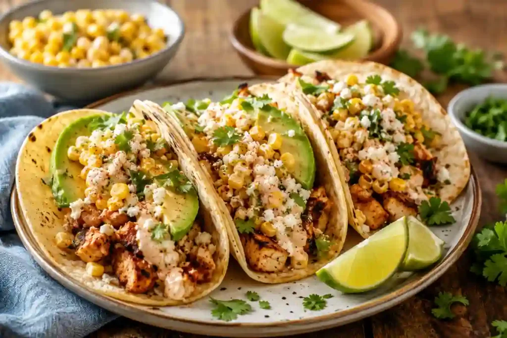 Three warm, charred flour tortillas filled with seasoned grilled chicken pieces, charred sweet corn, fresh avocado slices, crumbled cotija cheese, chopped cilantro, and a drizzle of creamy chili-lime sauce, arranged on a beige ceramic platter over a rustic wooden table. Fresh lime wedges sit on the right side of the plate, with a bowl of sweet corn, lime halves in a wooden dish, and fresh cilantro sprigs in the background.