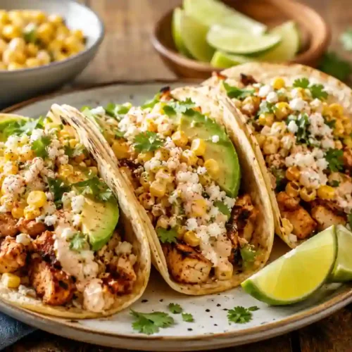 Three warm, charred flour tortillas filled with seasoned grilled chicken pieces, charred sweet corn, fresh avocado slices, crumbled cotija cheese, chopped cilantro, and a drizzle of creamy chili-lime sauce, arranged on a beige ceramic platter over a rustic wooden table. Fresh lime wedges sit on the right side of the plate, with a bowl of sweet corn, lime halves in a wooden dish, and fresh cilantro sprigs in the background.