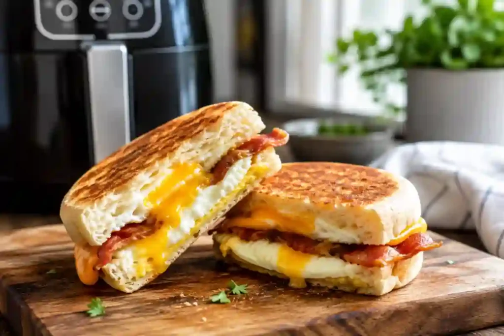 An air fryer breakfast sandwich cut in half on a wooden cutting board, displaying a perfectly cooked egg with a rich, runny yellow yolk dripping down the side, layered with melted cheddar cheese and crispy bacon inside a golden-toasted English muffin. A black air fryer appliance, a small dish, and a white kitchen towel rest in the soft-focus background.