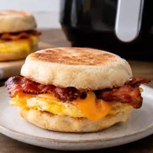 An air fryer breakfast sandwich on a toasted English muffin stacked with a folded egg patty, melted cheddar cheese, and crispy bacon strips, served on a light gray speckled plate over a dark wooden countertop. A second matching breakfast sandwich, an air fryer appliance, and a small dish of shredded cheddar cheese sit softly blurred in the background.