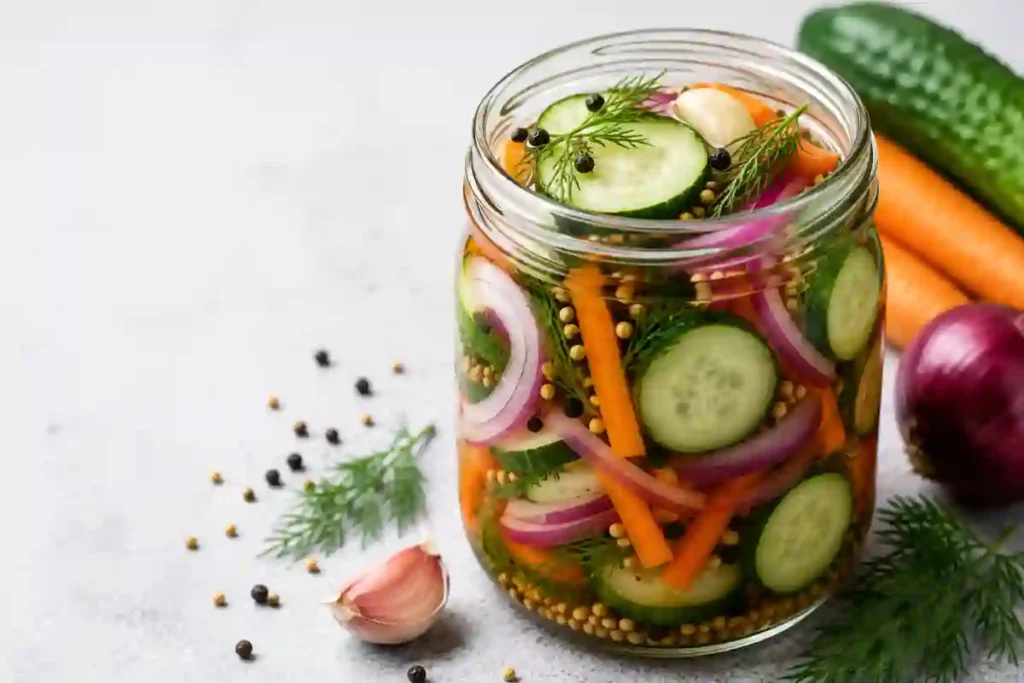 A glass Mason jar filled with quick-pickled mixed vegetables including sliced cucumbers, carrot sticks, red onion rings, fresh dill sprigs, garlic cloves, whole peppercorns, and mustard seeds submerged in clear brine. The jar rests on a light gray surface alongside a peeled garlic clove, scattered whole spices, a whole red onion, carrots, fresh cucumbers, and sprigs of fresh dill.