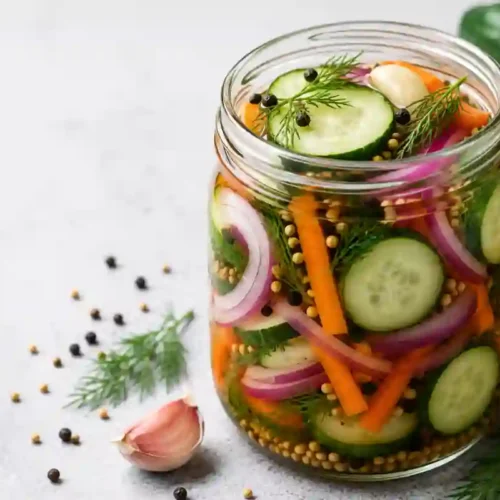 A glass Mason jar filled with quick-pickled mixed vegetables including sliced cucumbers, carrot sticks, red onion rings, fresh dill sprigs, garlic cloves, whole peppercorns, and mustard seeds submerged in clear brine. The jar rests on a light gray surface alongside a peeled garlic clove, scattered whole spices, a whole red onion, carrots, fresh cucumbers, and sprigs of fresh dill.