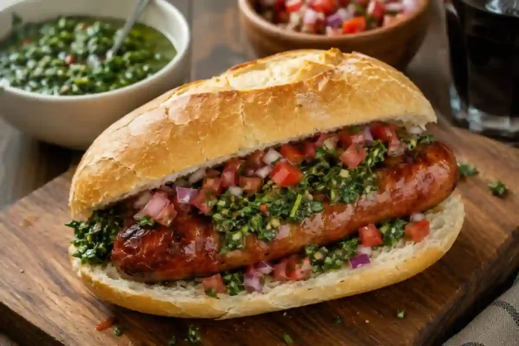 An Argentine Choripán sandwich served on a wooden board, featuring a grilled pork chorizo sausage nestling inside a crusty white roll, topped generously with bright green herb chimichurri and diced red onion and tomato salsa criolla. Bowls of extra chimichurri and salsa criolla sit in the soft-focus background alongside a glass of dark beverage.