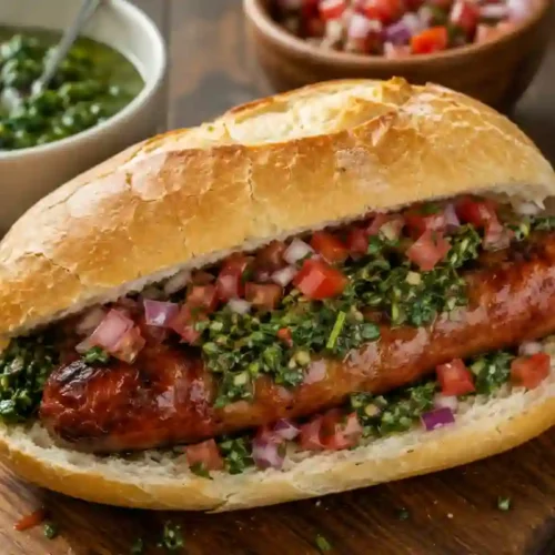 An Argentine Choripán sandwich served on a wooden board, featuring a grilled pork chorizo sausage nestling inside a crusty white roll, topped generously with bright green herb chimichurri and diced red onion and tomato salsa criolla. Bowls of extra chimichurri and salsa criolla sit in the soft-focus background alongside a glass of dark beverage.