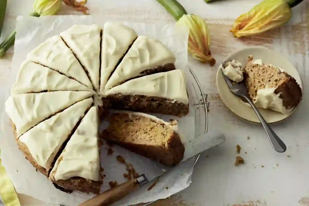 A round, single-layer zucchini cake cut into 12 distinct triangular slices, topped with smooth, swooshed cream cheese frosting. The cake rests on parchment paper on a wire cooling rack over a light-colored surface. A slice is pulled out onto a small dessert plate on the right with a dessert fork, surrounded by zucchini blossoms and whole baby zucchini.