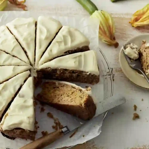 A round, single-layer zucchini cake cut into 12 distinct triangular slices, topped with smooth, swooshed cream cheese frosting. The cake rests on parchment paper on a wire cooling rack over a light-colored surface. A slice is pulled out onto a small dessert plate on the right with a dessert fork, surrounded by zucchini blossoms and whole baby zucchini.