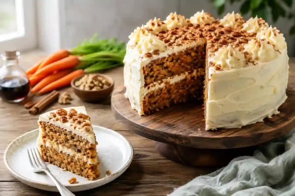 A two-layer frosted carrot cake with a slice cut out, displayed on a round wooden cake pedestal over a dark wooden table. The cake is coated in smooth cream cheese frosting, topped with piped frosting rosettes and chopped toasted pecans. A slice showcasing the moist, spiced interior filled with shredded carrots and nuts sits on a ceramic dessert plate in the foreground with a silver fork. Fresh whole carrots with green tops, cinnamon sticks, a bowl of walnuts, and a bottle of vanilla extract rest soft-focused in the background.