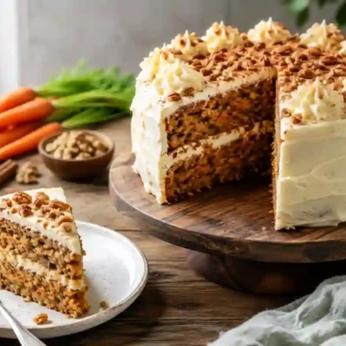 A two-layer frosted carrot cake with a slice cut out, displayed on a round wooden cake pedestal over a dark wooden table. The cake is coated in smooth cream cheese frosting, topped with piped frosting rosettes and chopped toasted pecans. A slice showcasing the moist, spiced interior filled with shredded carrots and nuts sits on a ceramic dessert plate in the foreground with a silver fork. Fresh whole carrots with green tops, cinnamon sticks, a bowl of walnuts, and a bottle of vanilla extract rest soft-focused in the background.