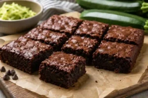 A grid of 9 thick, fudgy chocolate zucchini brownies sliced into squares on brown parchment paper over a wooden cutting board. The brownies feature shiny, crackly tops and dense, moist chocolate interiors. One brownie square is pulled forward in front of the batch. Scattered chocolate chips, a small bowl of shredded green zucchini, and whole zucchinis sit softly blurred in the background.