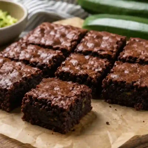 A grid of 9 thick, fudgy chocolate zucchini brownies sliced into squares on brown parchment paper over a wooden cutting board. The brownies feature shiny, crackly tops and dense, moist chocolate interiors. One brownie square is pulled forward in front of the batch. Scattered chocolate chips, a small bowl of shredded green zucchini, and whole zucchinis sit softly blurred in the background.