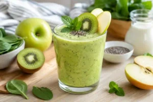 A glass filled with a vibrant pale green apple kiwi smoothie sprinkled with chia seeds and garnished with a kiwi wheel, apple slice, and fresh mint sprig. The glass sits on a light wooden board surrounded by a whole Granny Smith apple, a halved kiwi, apple wedges, fresh baby spinach leaves, a small bowl of chia seeds, and a glass pitcher of milk.