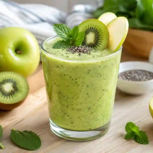 A glass filled with a vibrant pale green apple kiwi smoothie sprinkled with chia seeds and garnished with a kiwi wheel, apple slice, and fresh mint sprig. The glass sits on a light wooden board surrounded by a whole Granny Smith apple, a halved kiwi, apple wedges, fresh baby spinach leaves, a small bowl of chia seeds, and a glass pitcher of milk.