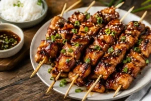 A serving platter filled with air-fried chicken skewers coated in a glossy, dark bourbon glaze and caramelized edges, garnished with toasted white sesame seeds and chopped green onions. The skewers rest on a gray ceramic plate over a rustic wooden table, flanked by a small bowl of steamed white rice and a small dip bowl of bourbon glaze sauce.