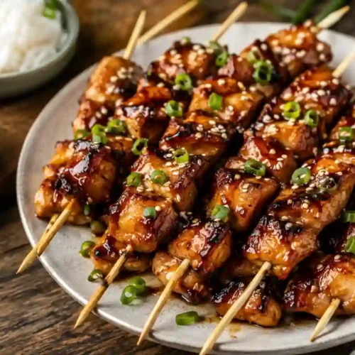 A serving platter filled with air-fried chicken skewers coated in a glossy, dark bourbon glaze and caramelized edges, garnished with toasted white sesame seeds and chopped green onions. The skewers rest on a gray ceramic plate over a rustic wooden table, flanked by a small bowl of steamed white rice and a small dip bowl of bourbon glaze sauce.
