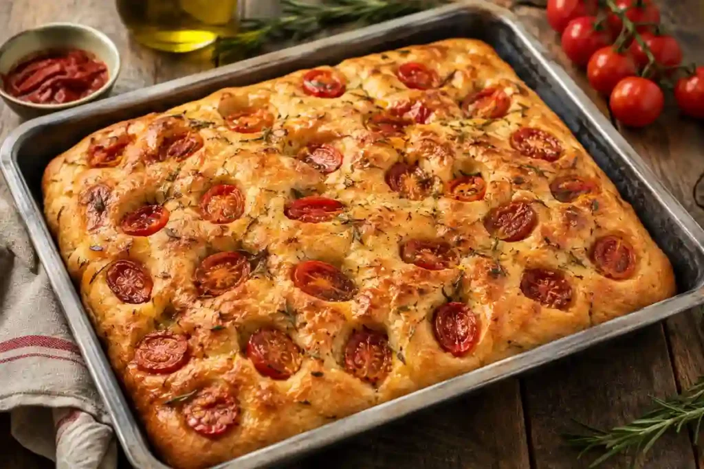 A whole rectangular golden-brown focaccia baked in a metal baking pan resting on a rustic wooden table. The focaccia features a deep-dimpled, olive-oil-glistening crust studded with roasted cherry tomato halves, chopped fresh rosemary, and flaky sea salt. A vine of fresh cherry tomatoes, sprigs of fresh rosemary, a small dish of sun-dried tomatoes, and a bottle of olive oil rest in the background alongside a linen napkin.