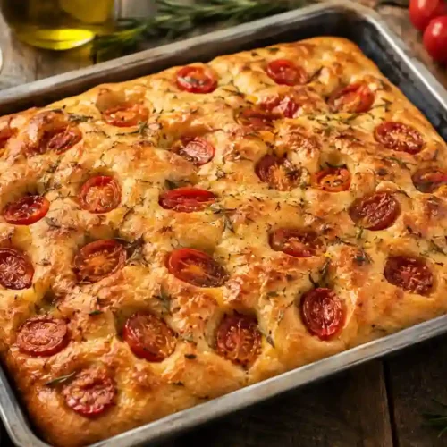 A whole rectangular golden-brown focaccia baked in a metal baking pan resting on a rustic wooden table. The focaccia features a deep-dimpled, olive-oil-glistening crust studded with roasted cherry tomato halves, chopped fresh rosemary, and flaky sea salt. A vine of fresh cherry tomatoes, sprigs of fresh rosemary, a small dish of sun-dried tomatoes, and a bottle of olive oil rest in the background alongside a linen napkin.